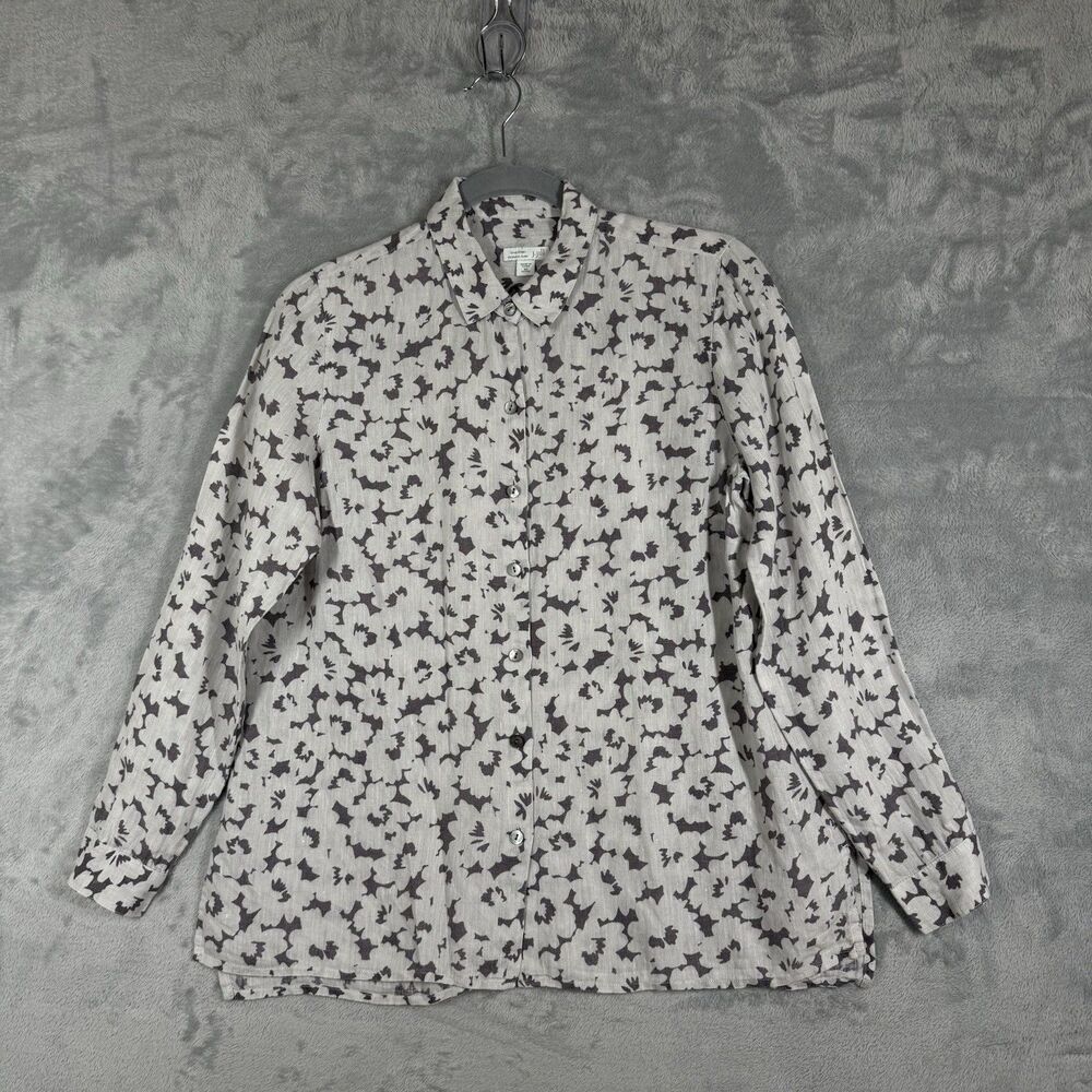J Jill Love Linen Shirt Petite XS Granite Daisy Shadow Print Classic Button Down